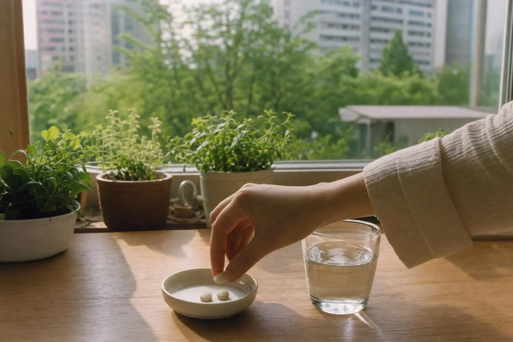 창가 탁자에서 작은 접시의 알약을 집는 손과 물 한 잔
